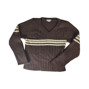 Vintage‎ Rave Brown Ribbed Striped V-Neck Sweater Y2K Made in USA Medium